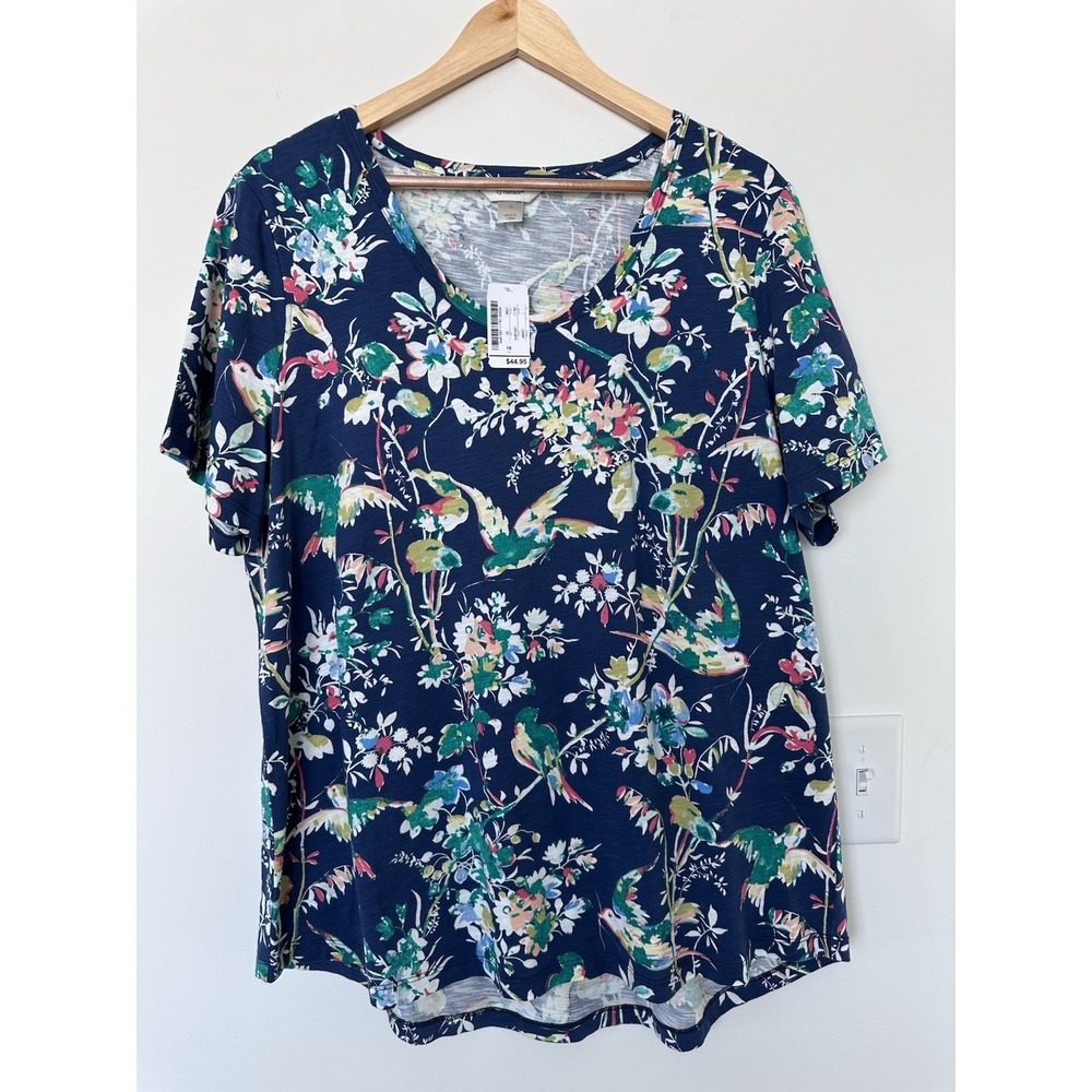 CJ Banks Womens Size 1X Navy Blue Floral Bird Print Short Sleeve T-Shirt  Blouse
